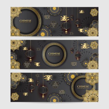 2022 Çin yeni yılı kaplan siyah ve altın çiçeği ve arka planda zanaat tarzıyla kesilmiş Asya elementleri. Evrensel Çin arkaplan afişi. Vektör illüstrasyonu