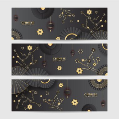 2022 Çin yeni yılı kaplan siyah ve altın çiçeği ve arka planda zanaat tarzıyla kesilmiş Asya elementleri. Evrensel Çin arkaplan afişi. Vektör illüstrasyonu