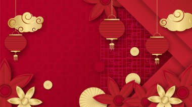 Fener, çiçek, ağaç, sembol ve desenli Çin porseleni evrensel kırmızı ve altın arkaplan. Kırmızı ve altın kaplama Çin arkaplan şablonu