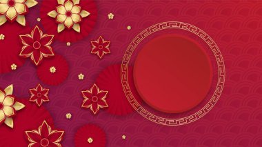 Fener, çiçek, ağaç, sembol ve desenli Çin porseleni evrensel kırmızı ve altın arkaplan. Kırmızı ve altın kaplama Çin arkaplan şablonu