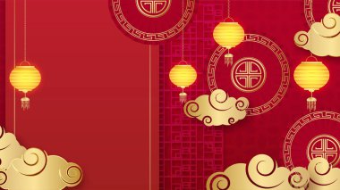 Fener, çiçek, ağaç, sembol ve desenli Çin porseleni evrensel kırmızı ve altın arkaplan. Kırmızı ve altın kaplama Çin arkaplan şablonu