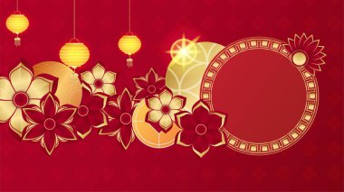 Fener, çiçek, ağaç, sembol ve desenli Çin porseleni evrensel kırmızı ve altın arkaplan. Kırmızı ve altın kaplama Çin arkaplan şablonu