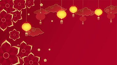 Fener, çiçek, ağaç, sembol ve desenli Çin porseleni evrensel kırmızı ve altın arkaplan. Kırmızı ve altın kaplama Çin arkaplan şablonu
