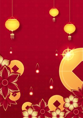 Fener, çiçek, ağaç, sembol ve desenli Çin porseleni evrensel kırmızı ve altın arkaplan. Kırmızı ve altın kaplama Çin arkaplan şablonu