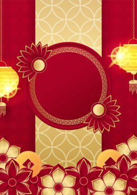Fener, çiçek, ağaç, sembol ve desenli Çin porseleni evrensel kırmızı ve altın arkaplan. Kırmızı ve altın kaplama Çin arkaplan şablonu