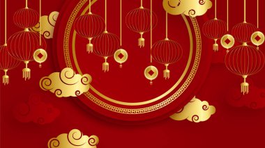 Kırmızı ve altın kaplama Çin arka plan şablonu. Fener, çiçek, ağaç, sembol ve desenli Çin porseleni evrensel kırmızı ve altın arkaplan.