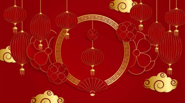 Kırmızı ve altın kaplama Çin arka plan şablonu. Fener, çiçek, ağaç, sembol ve desenli Çin porseleni evrensel kırmızı ve altın arkaplan.