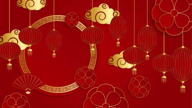 Kırmızı ve altın kaplama Çin arka plan şablonu. Fener, çiçek, ağaç, sembol ve desenli Çin porseleni evrensel kırmızı ve altın arkaplan.