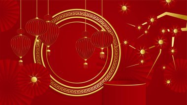 Kırmızı ve altın kaplama Çin arka plan şablonu. Fener, çiçek, ağaç, sembol ve desenli Çin porseleni evrensel kırmızı ve altın arkaplan.