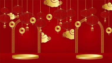 Kırmızı ve altın kaplama Çin arka plan şablonu. Fener, çiçek, ağaç, sembol ve desenli Çin porseleni evrensel kırmızı ve altın arkaplan.