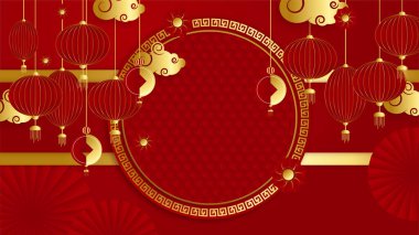 Kırmızı ve altın kaplama Çin arka plan şablonu. Fener, çiçek, ağaç, sembol ve desenli Çin porseleni evrensel kırmızı ve altın arkaplan.