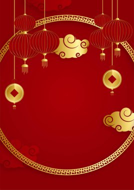 Kırmızı ve altın kaplama Çin arka plan şablonu. Fener, çiçek, ağaç, sembol ve desenli Çin porseleni evrensel kırmızı ve altın arkaplan.