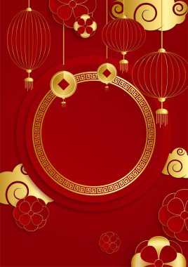 Kırmızı ve altın kaplama Çin arka plan şablonu. Fener, çiçek, ağaç, sembol ve desenli Çin porseleni evrensel kırmızı ve altın arkaplan.