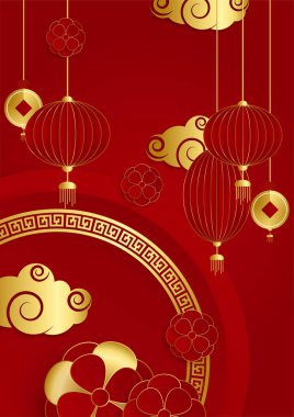 Kırmızı ve altın kaplama Çin arka plan şablonu. Fener, çiçek, ağaç, sembol ve desenli Çin porseleni evrensel kırmızı ve altın arkaplan.