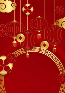 Kırmızı ve altın kaplama Çin arka plan şablonu. Fener, çiçek, ağaç, sembol ve desenli Çin porseleni evrensel kırmızı ve altın arkaplan.