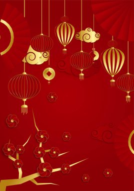 Kırmızı ve altın kaplama Çin arka plan şablonu. Fener, çiçek, ağaç, sembol ve desenli Çin porseleni evrensel kırmızı ve altın arkaplan.