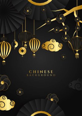 Fener, lamba, sınır, çerçeve, şekil, sembol, bulut, sabit yelpaze ve çiçekli siyah ve altın rengi Çin porselenleri.