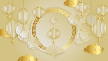 Fener, lamba, sınır, çerçeve, şekil, sembol, bulut, sabit yelpaze ve çiçekli modern 3D altın rengi Çin porselenleri.