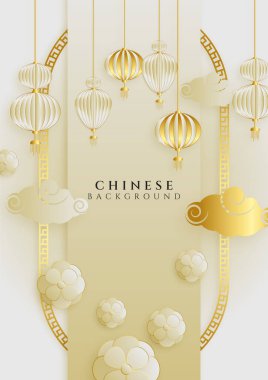 Fener, lamba, sınır, çerçeve, şekil, sembol, bulut, sabit yelpaze ve çiçekli modern 3D altın rengi Çin porselenleri.