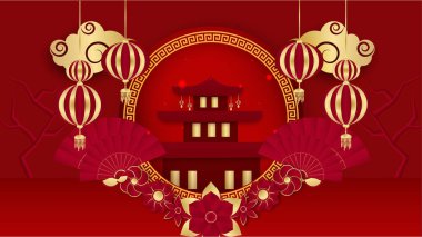 Kırmızı ve altın kaplama Çin arka plan şablonu. Fener, çiçek, ağaç, sembol ve desenli Çin porseleni evrensel kırmızı ve altın arkaplan.