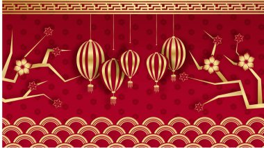 asma fener kağıt tarzı kırmızı altın Çin tasarımı arka plan