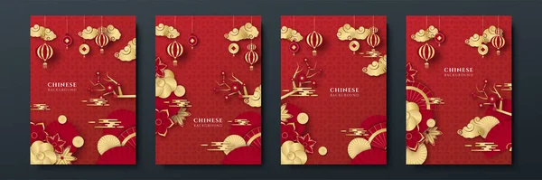 Chine Chine Fond Rouge Universel Avec Lanterne Fleur Arbre Symbole — Image vectorielle