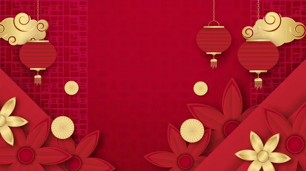 Fener Çiçek Ağaç Sembol Desenli Çin Porseleni Evrensel Kırmızı Altın — Stok Vektör