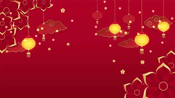 Čínský Porcelán Univerzální Červené Zlaté Pozadí Lucernou Květiny Strom Symbol — Stockový vektor