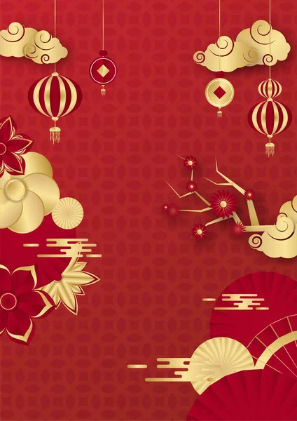 中国的通用红色和金色背景 有灯笼 符号和图案 红色和金色纸巾中文背景模板 — 图库矢量图片