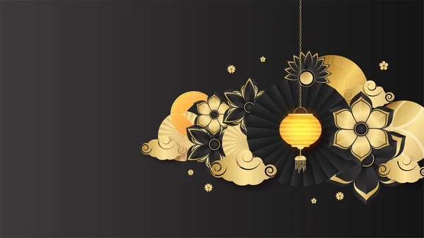 Ano Novo Festivo Preto Fundo Design Chinês Ouro — Vetor de Stock