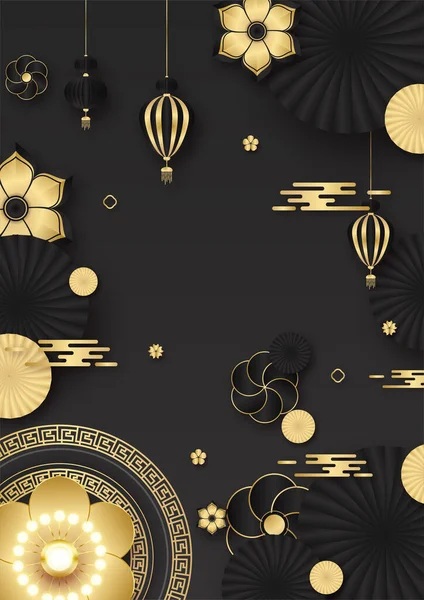 Ano Novo Festivo Preto Fundo Design Chinês Ouro — Vetor de Stock