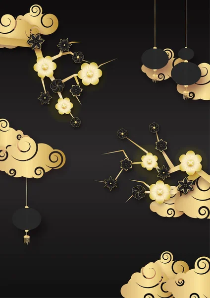 Εορταστική Νέο Έτος Μαύρο Χρυσό Κινέζικο Φόντο Σχεδιασμού — Διανυσματικό Αρχείο