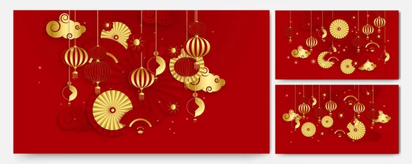 Rood Goud Papercut Chinese Achtergrond Sjabloon Chinese Porselein Universele Rode — Stockvector