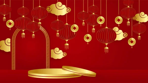 Rood Goud Papercut Chinese Achtergrond Sjabloon Chinese Porselein Universele Rode — Stockvector