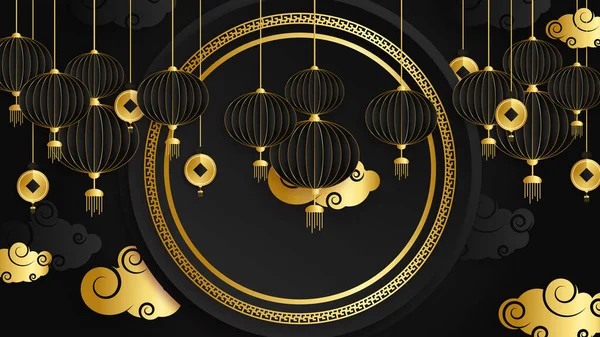 ランプ フレーム パターン シンボル 剛性固定ファンと花と黒と金の中国の背景 — ストックベクタ