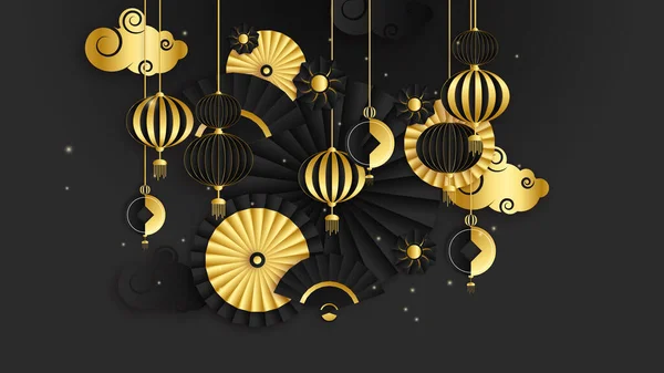 中国的黑色和金色背景 固定风扇和花朵 — 图库矢量图片