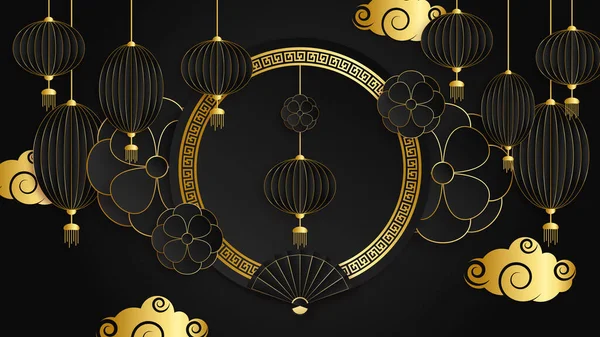 Fondo Porcelana China Negra Dorada Con Linterna Lámpara Borde Marco — Archivo Imágenes Vectoriales