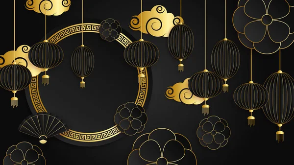 中国的黑色和金色背景 固定风扇和花朵 — 图库矢量图片