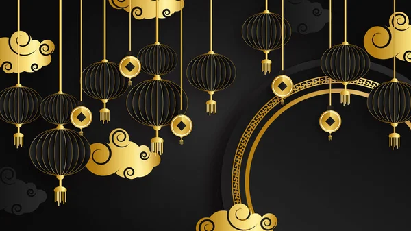 Zwart Goud Chinees China Achtergrond Met Lantaarn Lamp Rand Frame — Stockvector