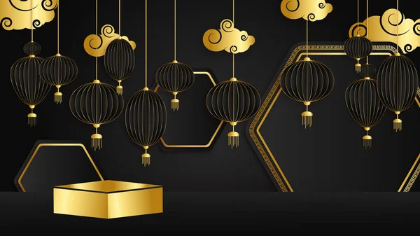 Черный Золотой Китайский Фарфор Фон Фонарем Лампа Граница Рамка Узор — стоковый вектор