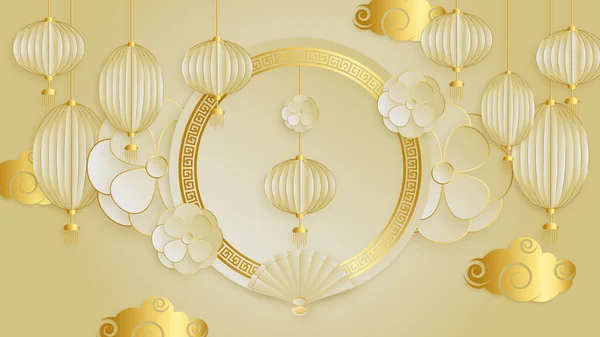 Modern Gold Chinese China Background Lantern Lamp Border Frame Pattern — Stock Vector