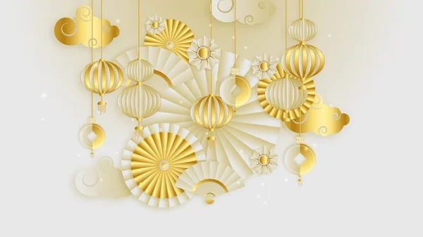 Modernes Gold Chinesisches Porzellan Hintergrund Mit Laterne Lampe Rand Rahmen — Stockvektor