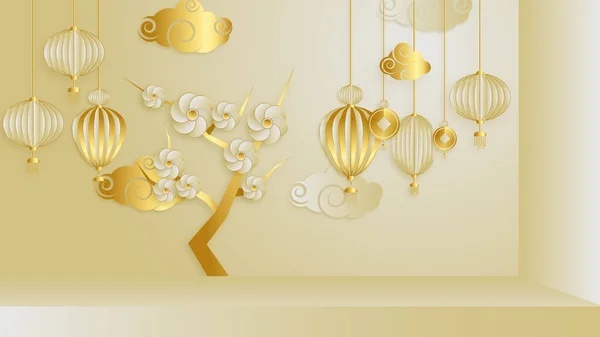 Modernes Gold Chinesisches Porzellan Hintergrund Mit Laterne Lampe Rand Rahmen — Stockvektor