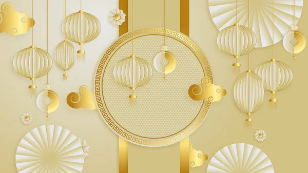 Moderno Fondo China China Oro Con Linterna Lámpara Borde Marco — Vector de stock