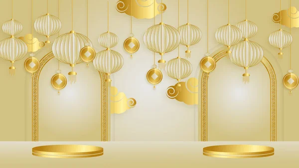 Nowoczesny Złoty Chiński Tło Porcelany Latarnią Lampa Granica Ramka Wzór — Wektor stockowy