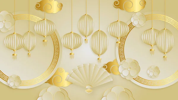Modern Gold Chinese China Background Lantern Lamp Border Frame Pattern — Stock Vector