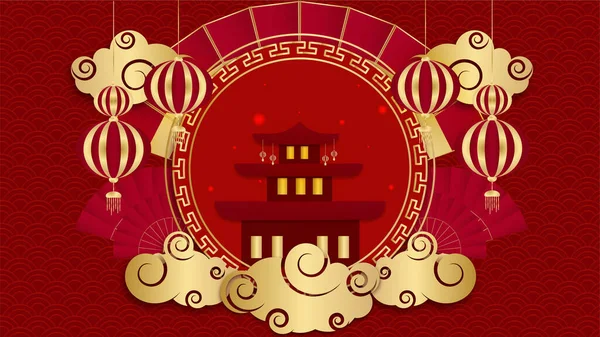红色和金色的纸巾背景模板 中国的通用红色和金色背景 有灯笼 符号和图案 — 图库矢量图片