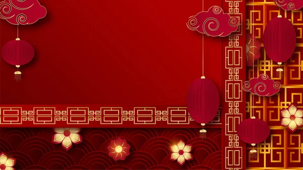 Feliz Ano Novo Chinês Vermelho Fundo Design Chinês Ouro — Vetor de Stock