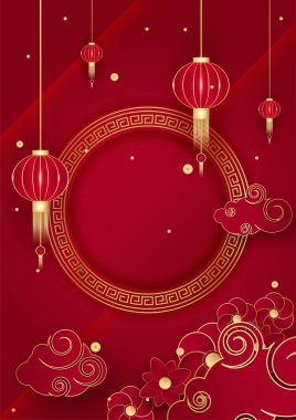 Kırmızı ve altın rengi mutlu Çin Yeni Yıl Festivali afişi arka plan tasarımı. Fener, çiçek, ağaç, sembol ve desenli Çin porseleni kırmızı ve altın arka plan. Kırmızı ve altın kaplama Çin şablonu