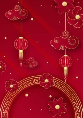 Kırmızı ve altın rengi mutlu Çin Yeni Yıl Festivali afişi arka plan tasarımı. Fener, çiçek, ağaç, sembol ve desenli Çin porseleni kırmızı ve altın arka plan. Kırmızı ve altın kaplama Çin şablonu